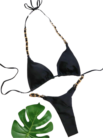 Bikini with Gold Chain: A shiny bikini set embellished with gold chain straps, creating a luxurious and stylish appearance.
