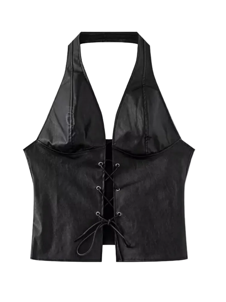 Black leather vest with lace-up front on a white background