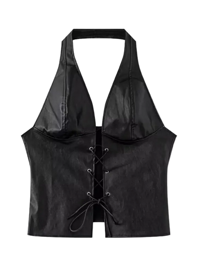 Black leather vest with lace-up front on a white background