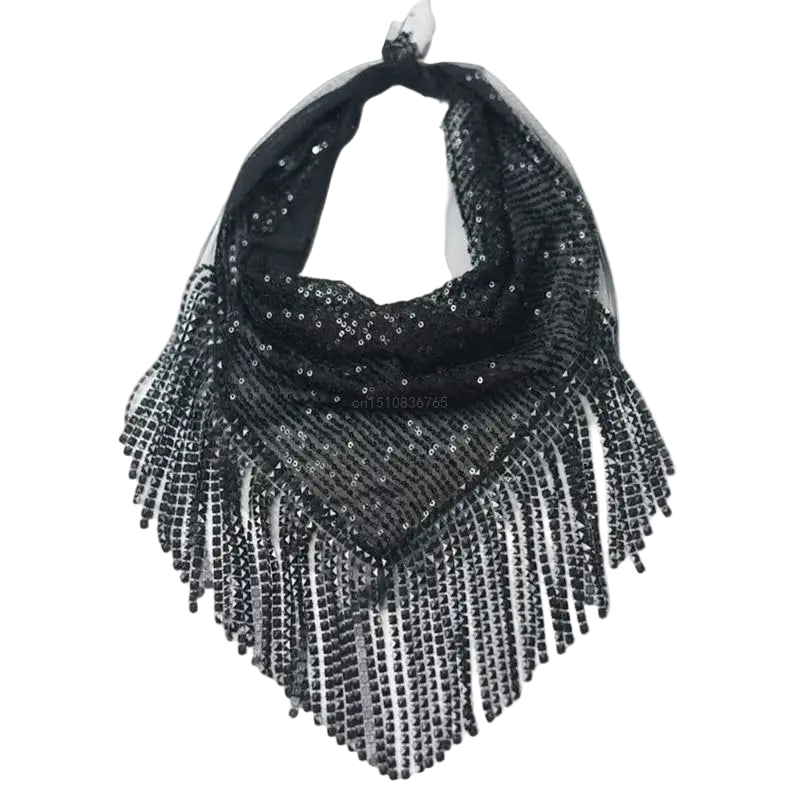 Black scarf with silver fringe on a white background