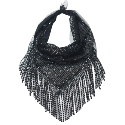 Black scarf with silver fringe on a white background