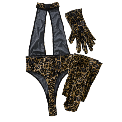  luxury leopard print 5-piece set featuring deep-V halter bodysuit with matching gloves and stockings for intimate occasions
