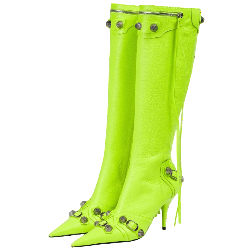 Bold Neon Punk Knee High Studded Boots