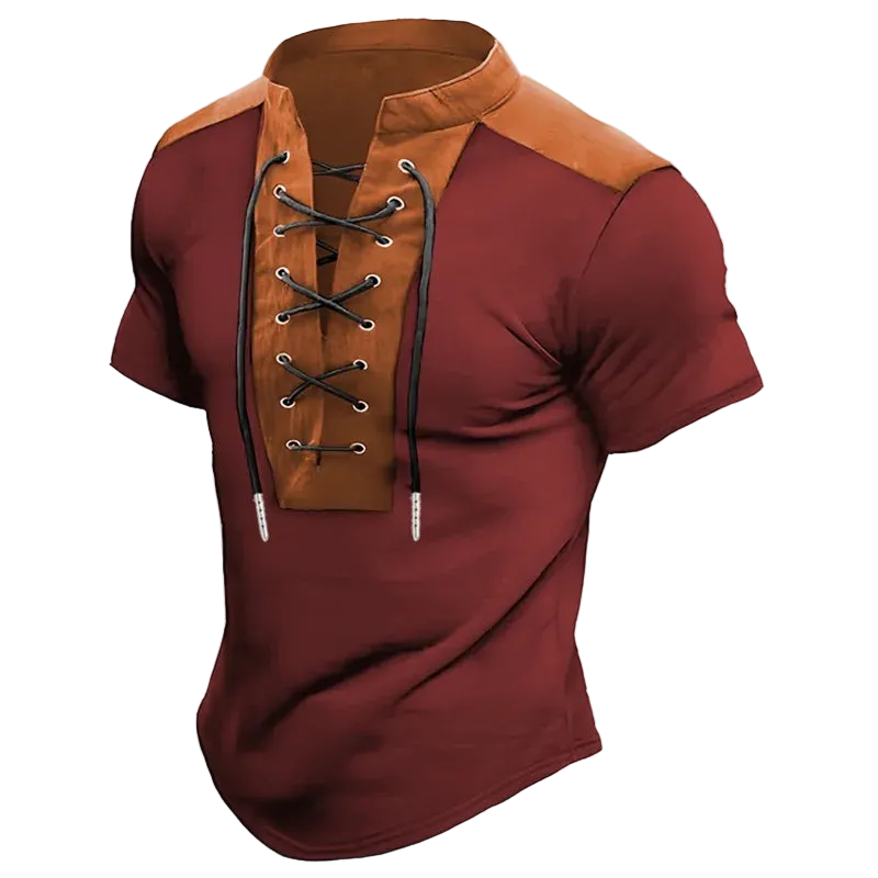 Brown t-shirt with lace-up front design on a white background