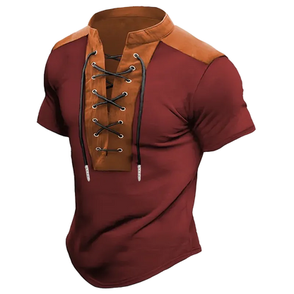 Brown t-shirt with lace-up front design on a white background