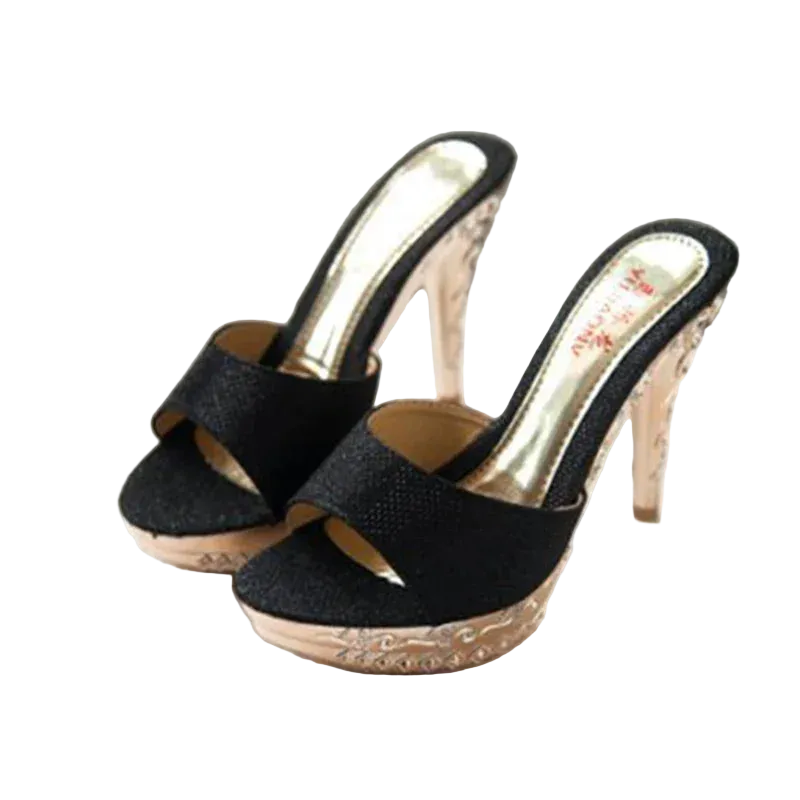 Black high-heeled shoes with rose gold accents on a white surface.