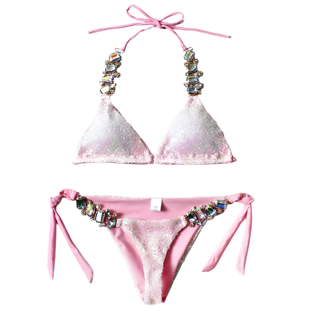 pink sequin bikini with crystal embellishments, perfect for a glamorous beach day at the resort.