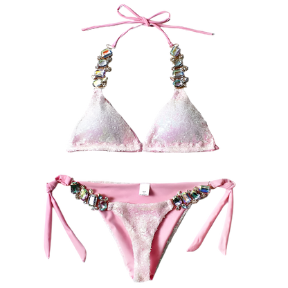 pink sequin bikini with crystal embellishments, perfect for a glamorous beach day at the resort.