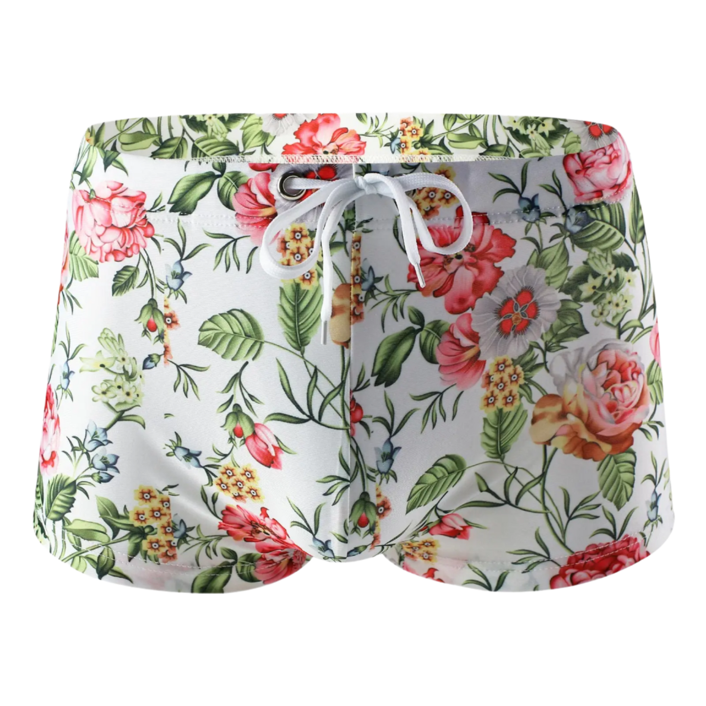 Floral-patterned boxer briefs with tropical leaf and flower design.