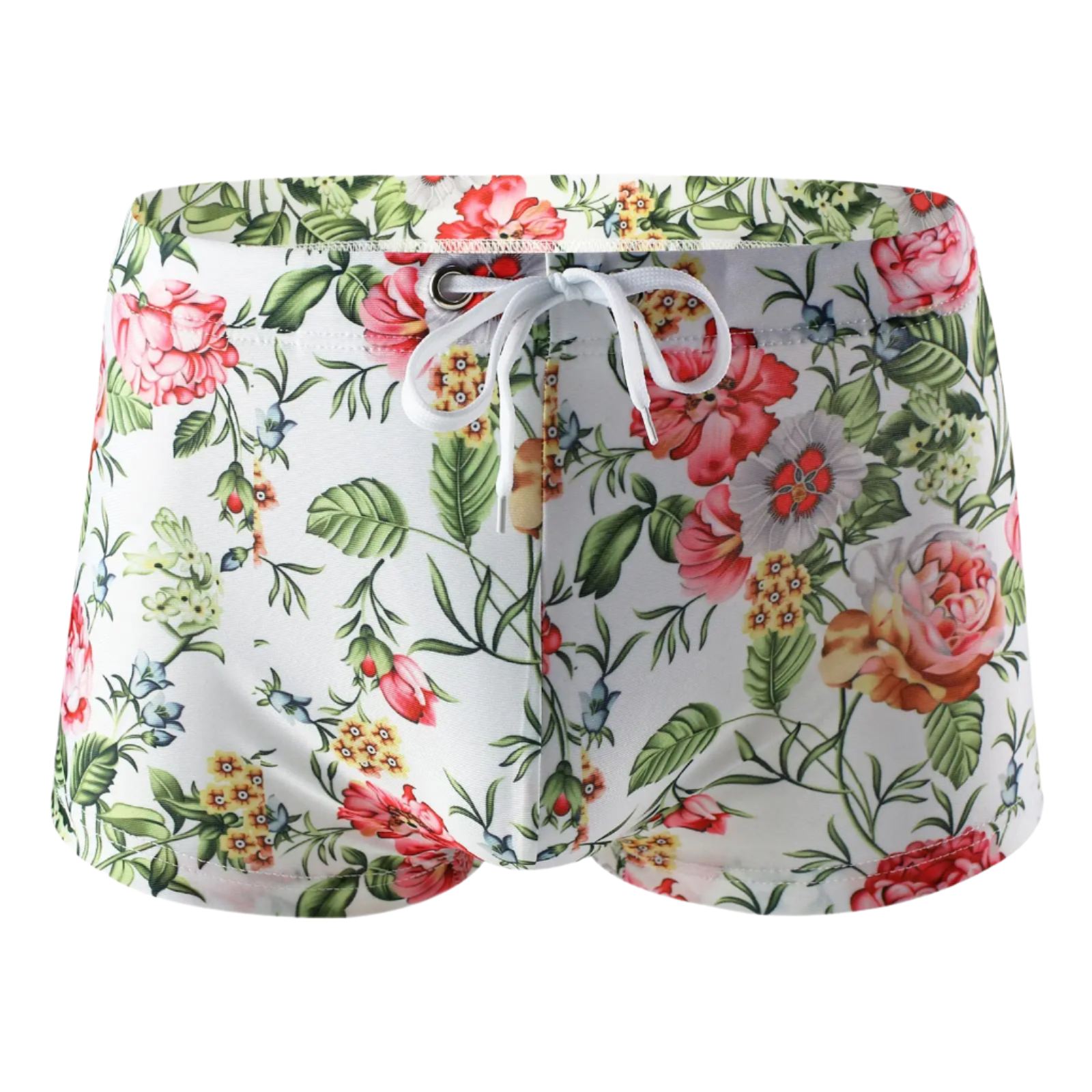 Floral-patterned boxer briefs with tropical leaf and flower design.