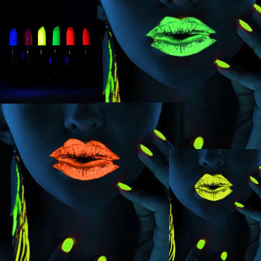 Glowing lipsticks in black light with a person wearing them on lips and nails.