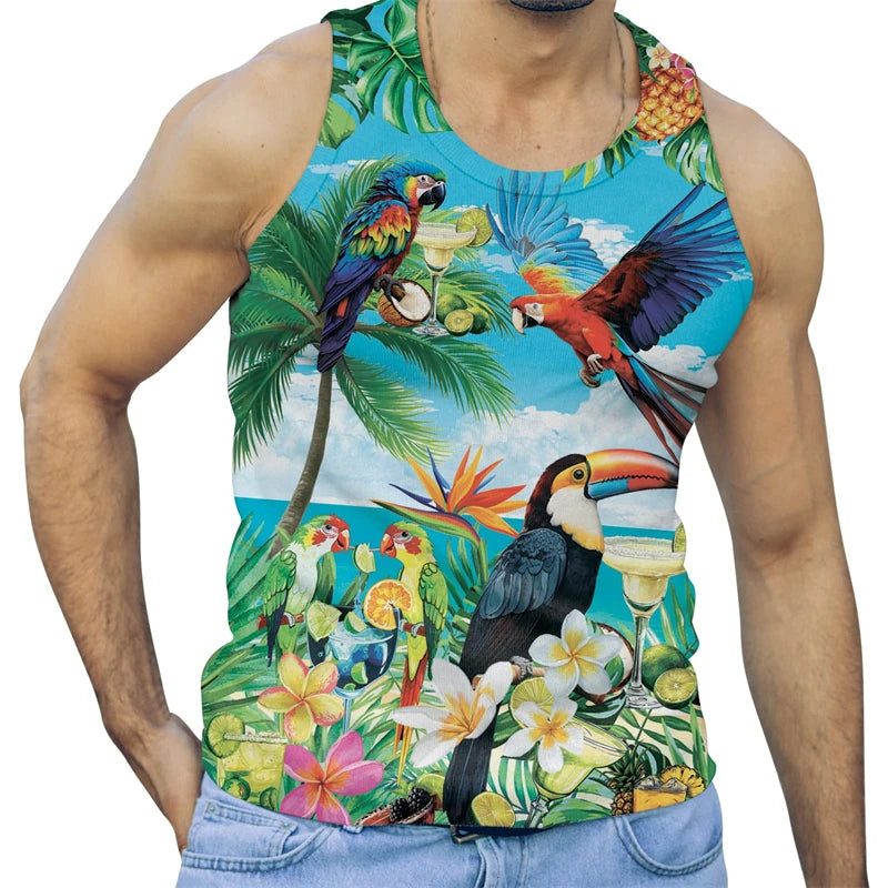 Summer Parrot 3D Printed Beach Tank Top For Men