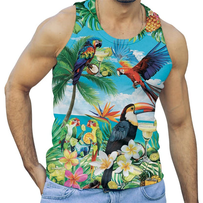 Summer Parrot 3D Printed Beach Tank Top For Men