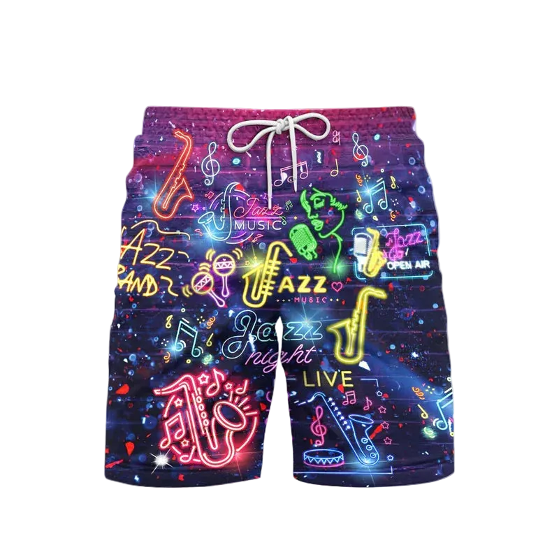 Colorful shorts with musical-themed designs on a white background
