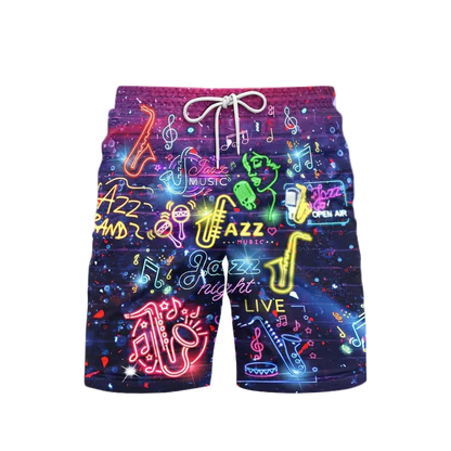 Colorful shorts with musical-themed designs on a white background