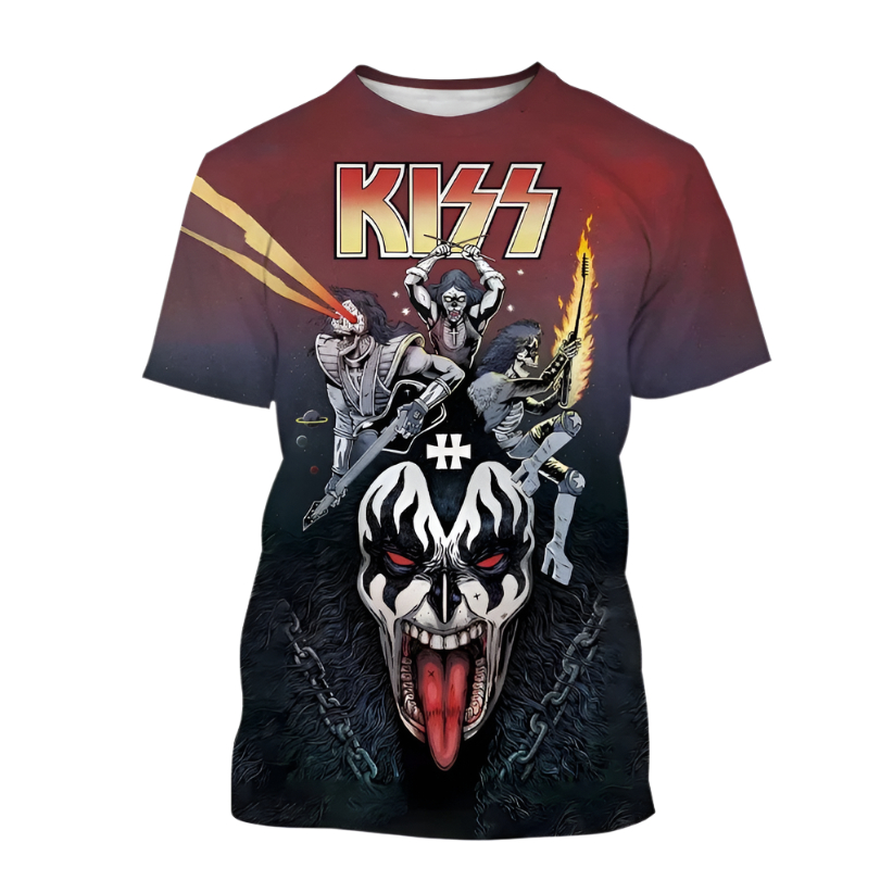 T-shirt with KISS band members and logo on a white background