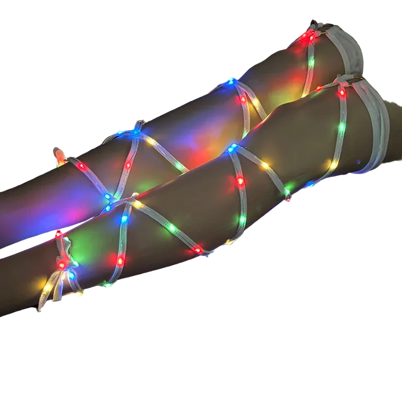 Multicolored LED lights wrapped around a cylindrical object on a dark background