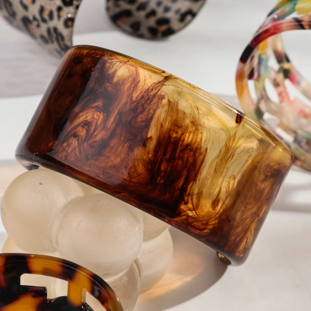 Leopard Print Wide Cuff Bangle | Geometric Resin Bracelet | Statement Resort Jewelry