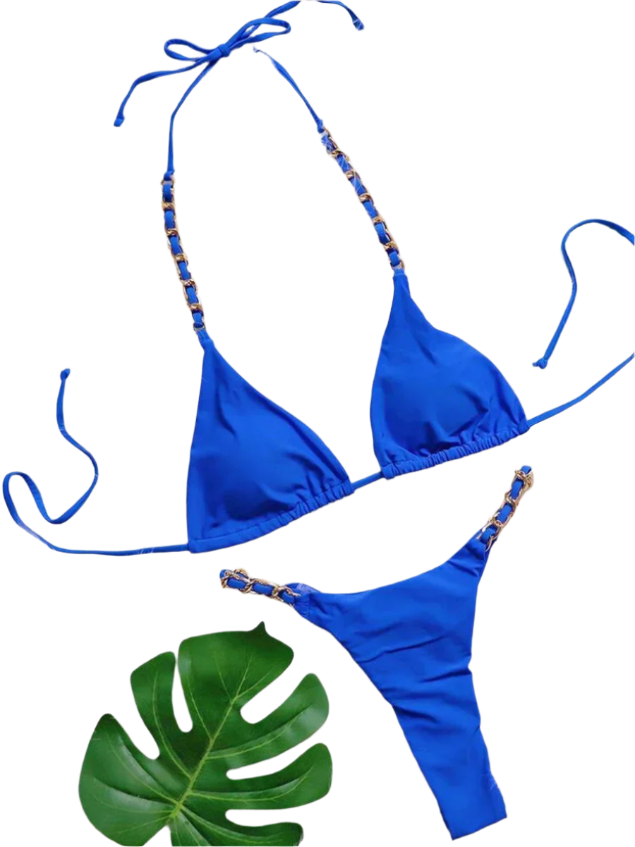 Bikini with Gold Chain: A shiny bikini set embellished with gold chain straps, creating a luxurious and stylish appearance.
