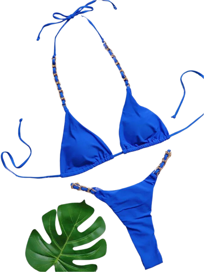 Bikini with Gold Chain: A shiny bikini set embellished with gold chain straps, creating a luxurious and stylish appearance.
