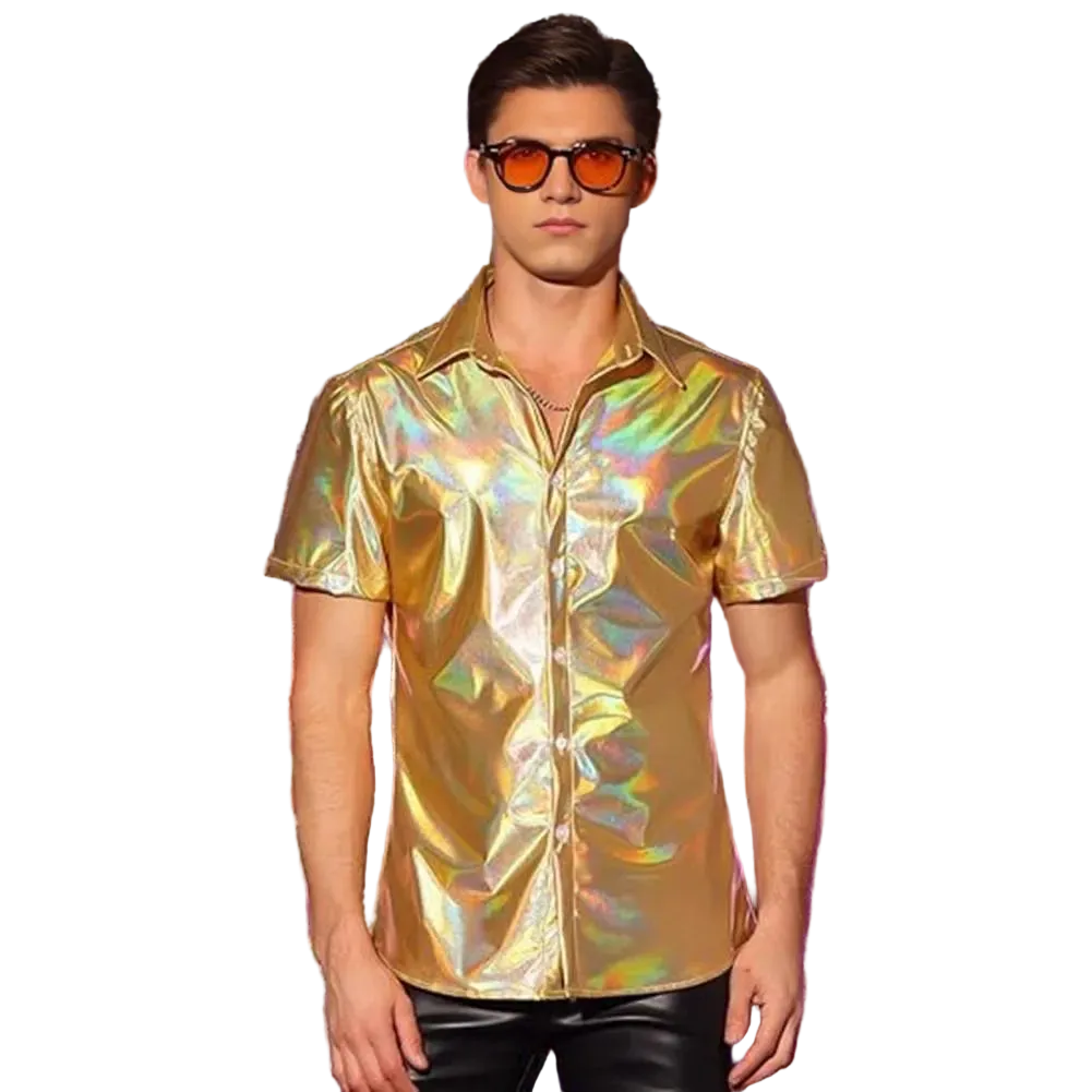 Person wearing a shiny gold shirt and sunglasses against a colorful, tinsel-like background