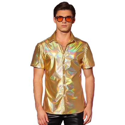Person wearing a shiny gold shirt and sunglasses against a colorful, tinsel-like background