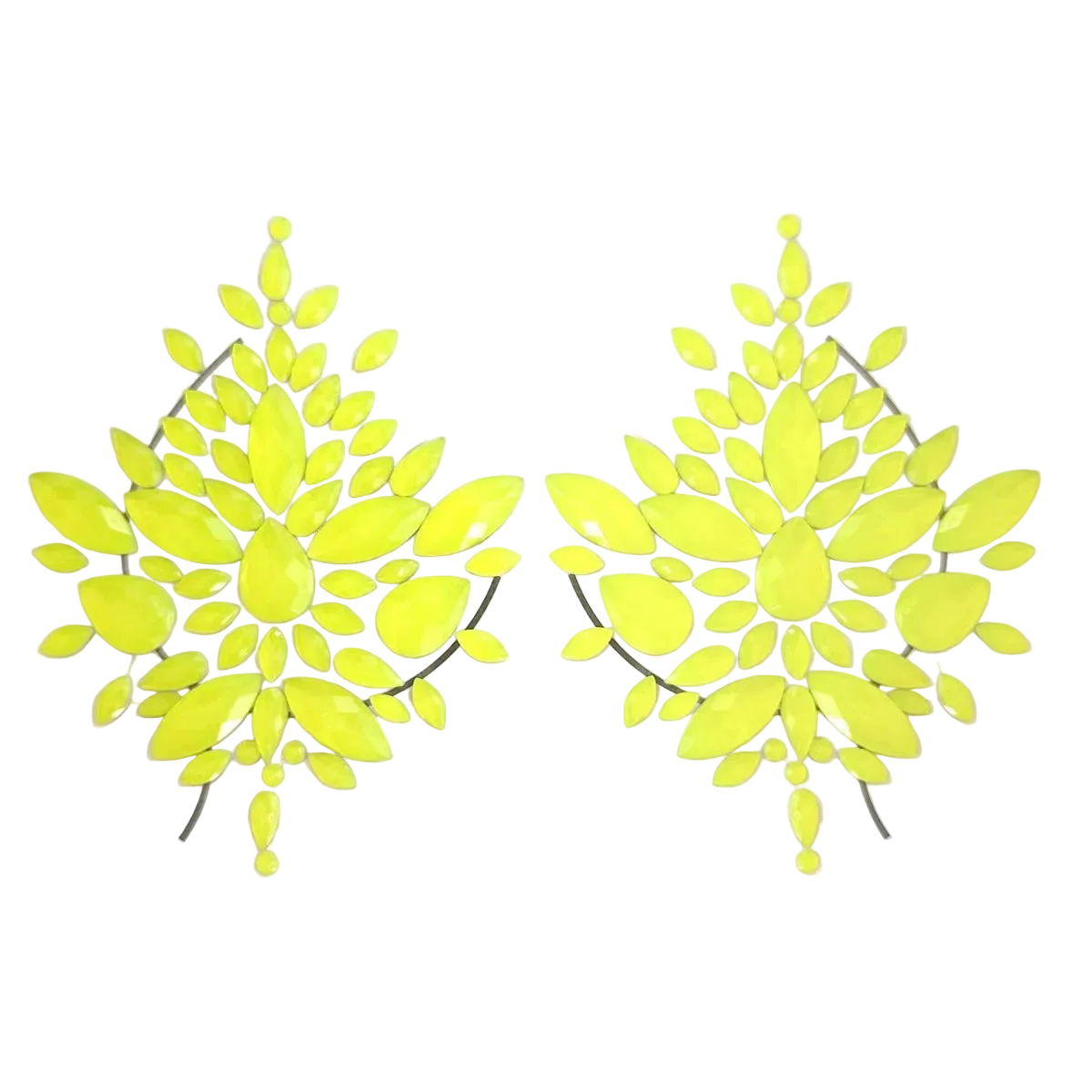 Pair of neon yellow leaf-shaped earrings on a white background