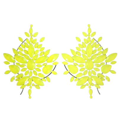 Pair of neon yellow leaf-shaped earrings on a white background
