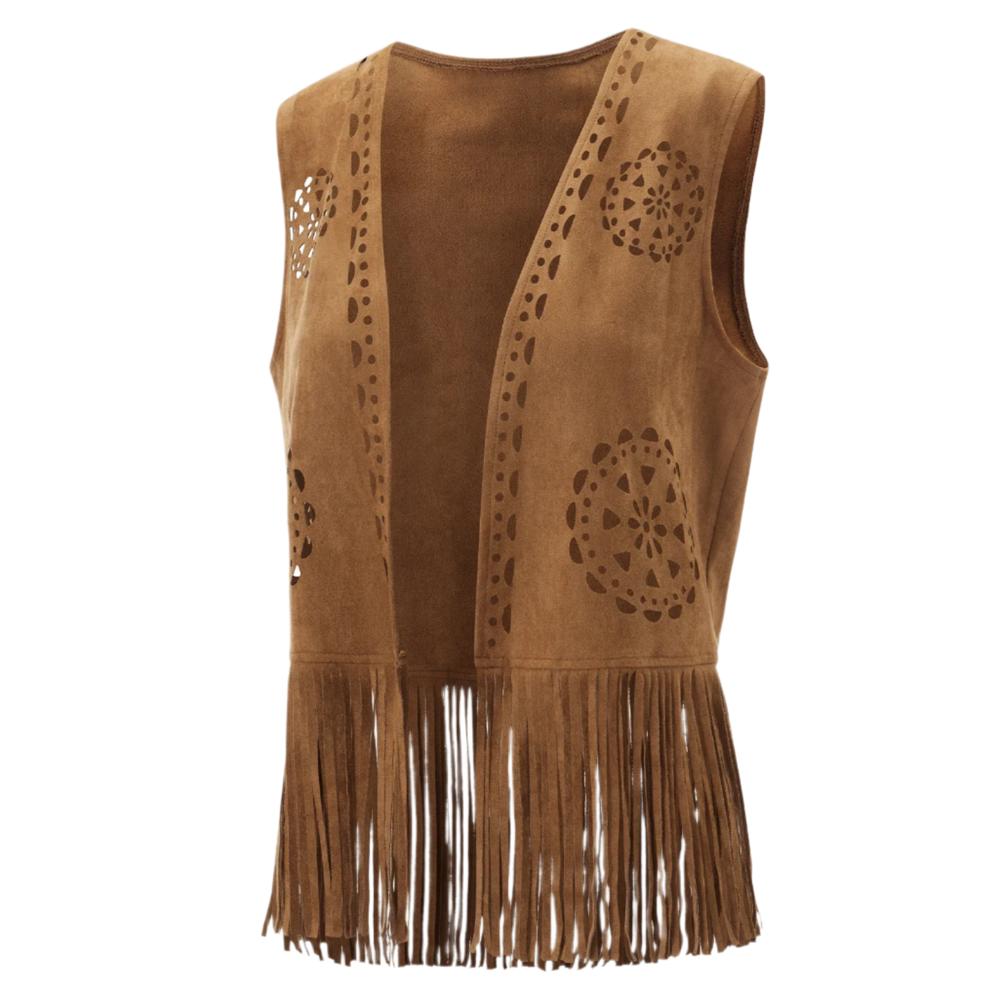 fringe faux suede vest with tassel details for western streetwear and resort fashion
