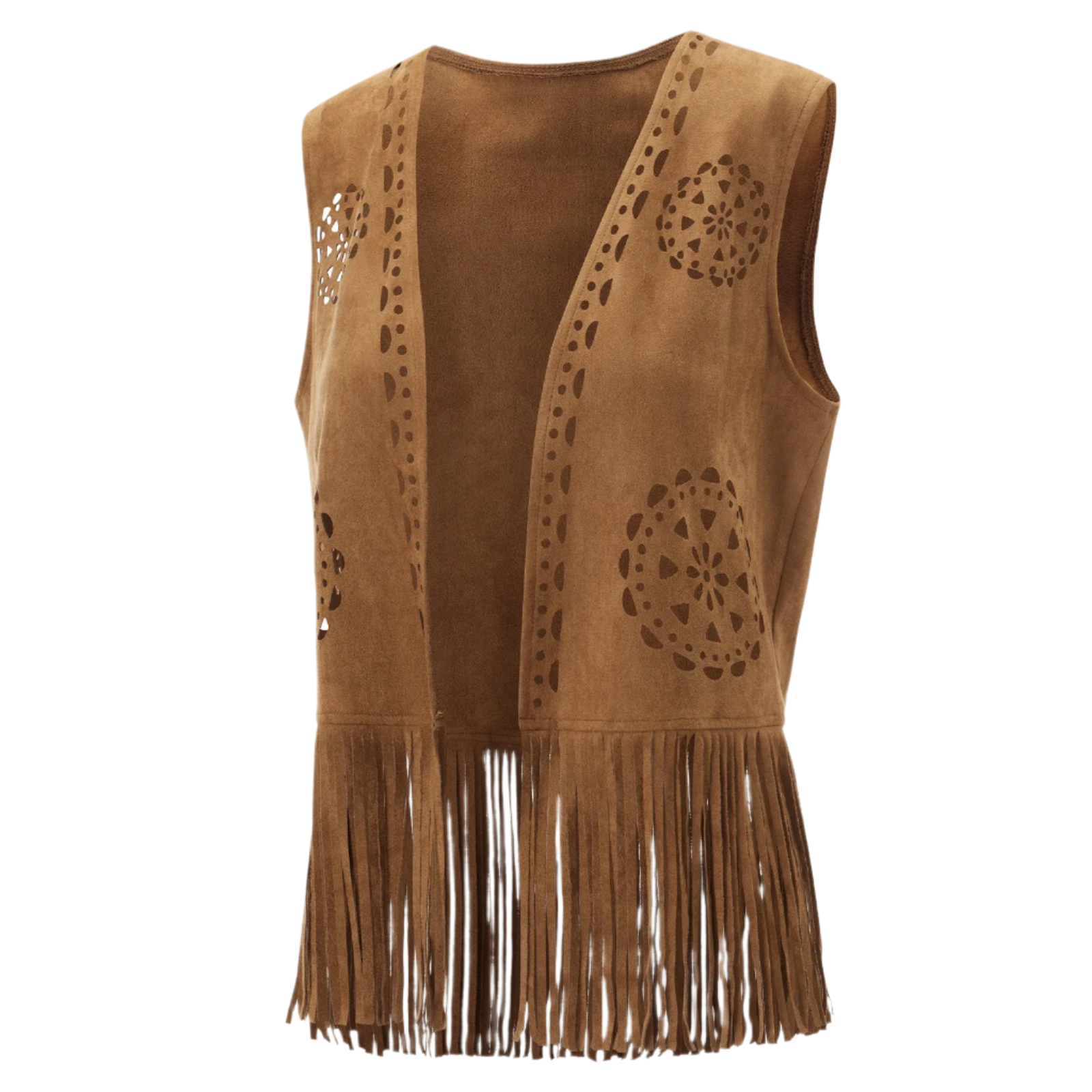 fringe faux suede vest with tassel details for western streetwear and resort fashion