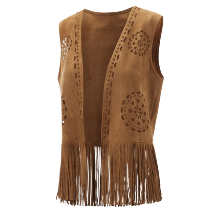 fringe faux suede vest with tassel details for western streetwear and resort fashion