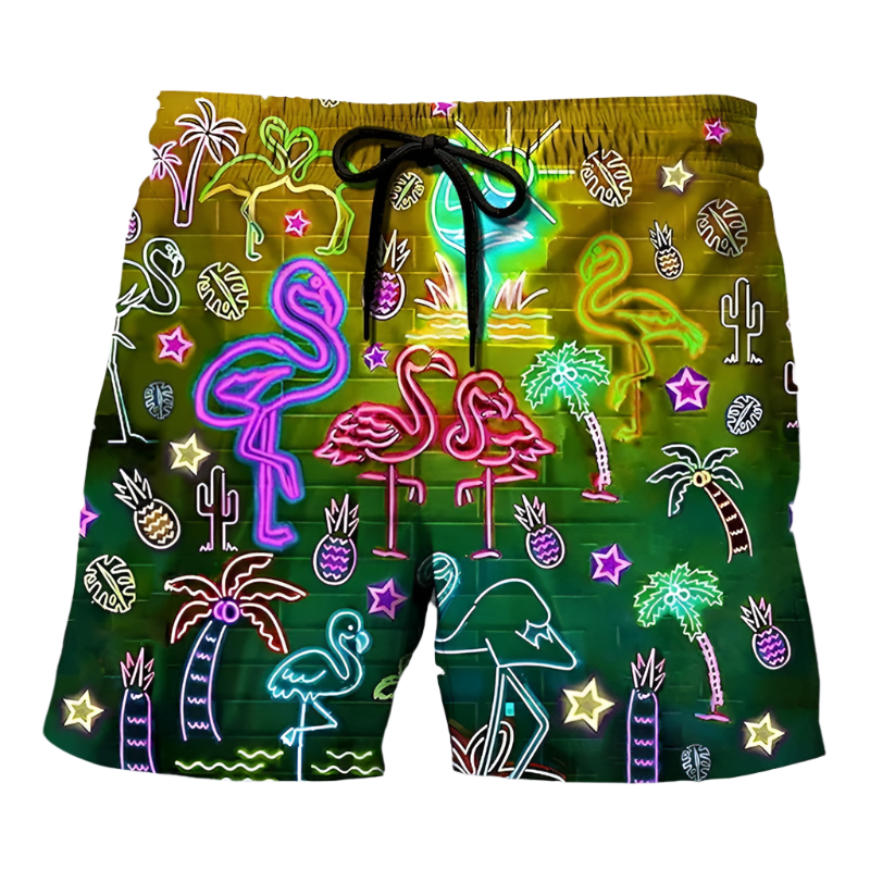 Colorful swim shorts featuring neon tropical designs with flamingos and palm trees.