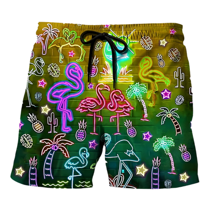 Colorful swim shorts featuring neon tropical designs with flamingos and palm trees.