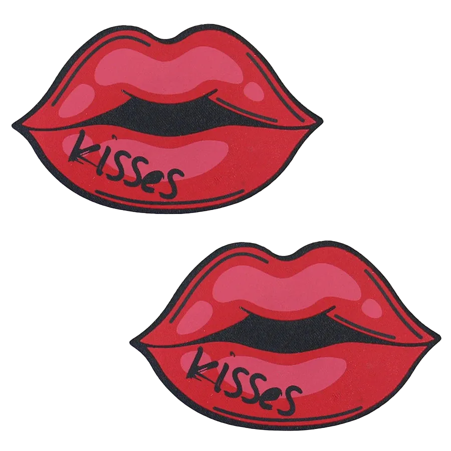 Two red lip-shaped patches with black outlines, pink shading, and the word 'Kisses' written across the lower lips, shown on a plain white background.