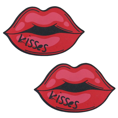 Two red lip-shaped patches with black outlines, pink shading, and the word 'Kisses' written across the lower lips, shown on a plain white background.