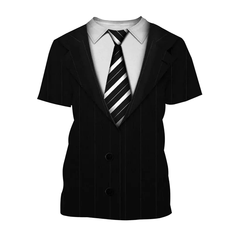 A short-sleeve black pinstripe blazer costume jacket styled with a white collared shirt and a black and white diagonally striped tie, shown on a plain white background with the word 'Orange' in yellow text in the top-left corner.