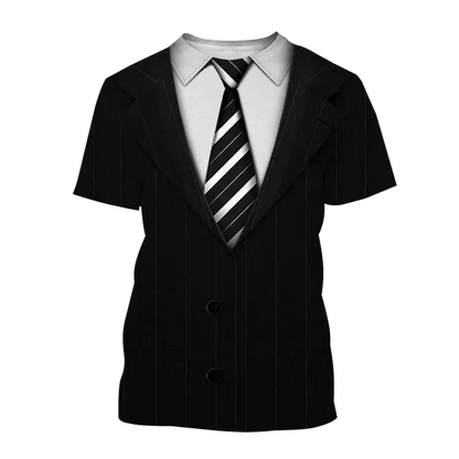 A short-sleeve black pinstripe blazer costume jacket styled with a white collared shirt and a black and white diagonally striped tie, shown on a plain white background with the word 'Orange' in yellow text in the top-left corner.