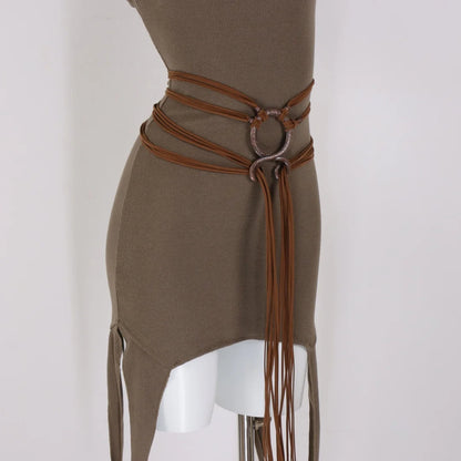 Viking Fringe Waist Belt | Faux Leather Ring Harness Belt
