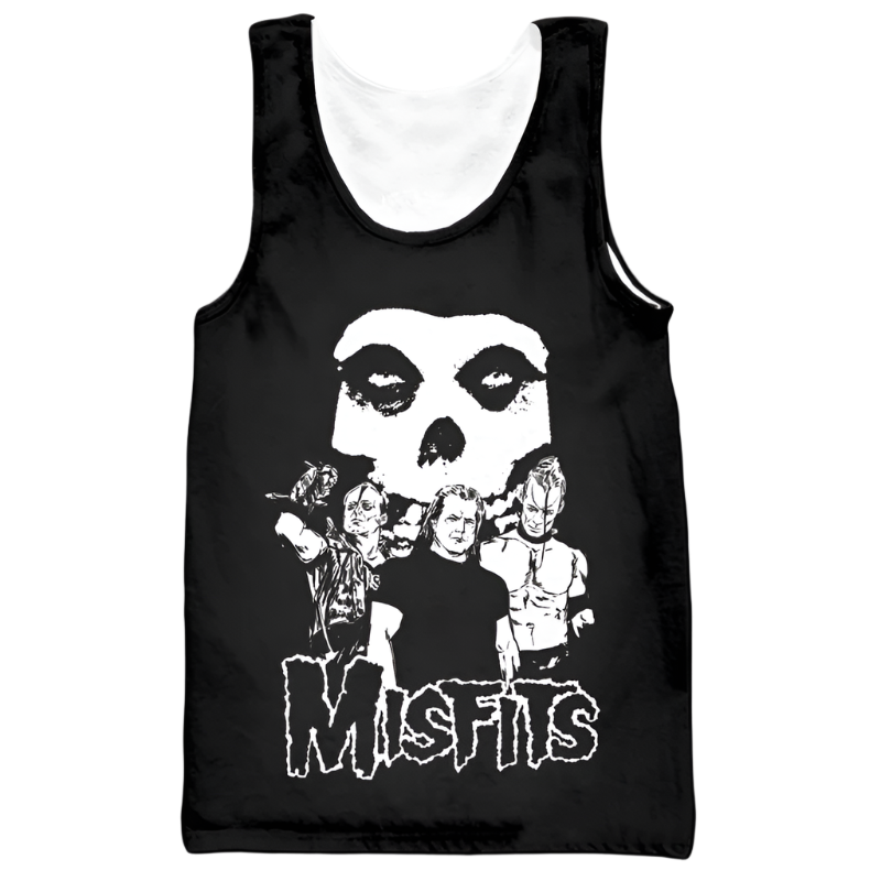Black tank top with 'Misfits' graphic design featuring a skull and band members on a white background.