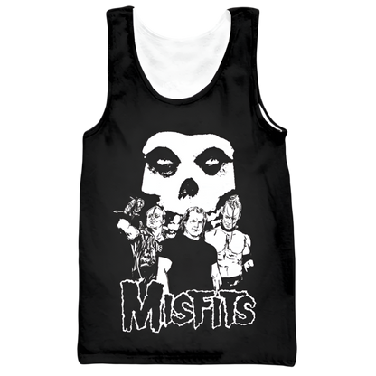 Black tank top with 'Misfits' graphic design featuring a skull and band members on a white background.