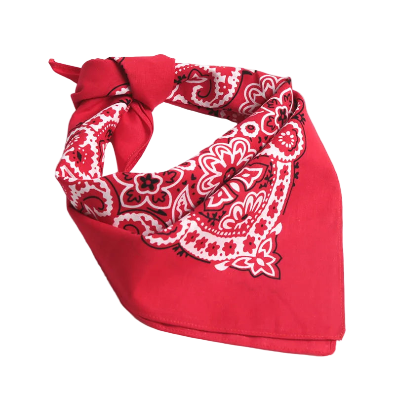 Red bandana with white paisley pattern on a white background