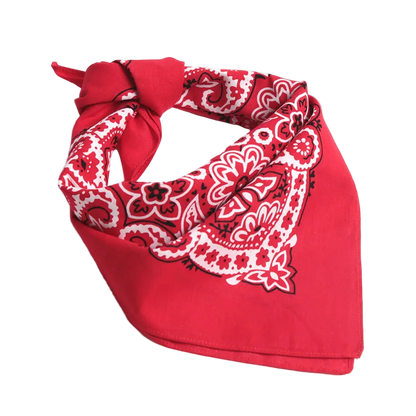Red bandana with white paisley pattern on a white background