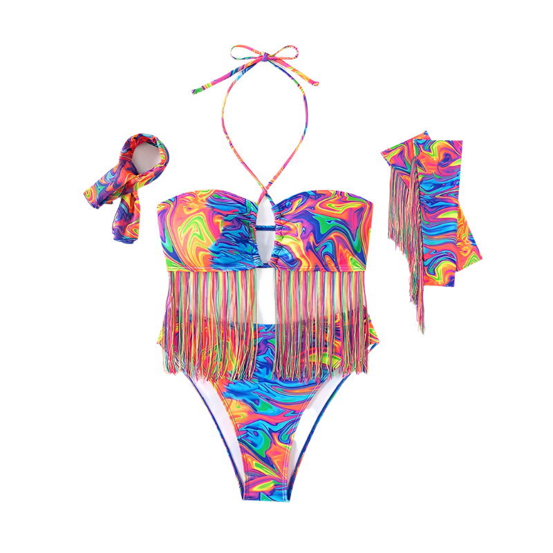 cyber bikini set with sleeve tassels for alternative themed resort swimwear and cosplay events