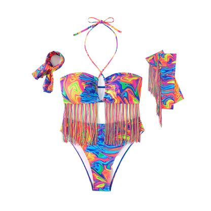 cyber bikini set with sleeve tassels for alternative themed resort swimwear and cosplay events