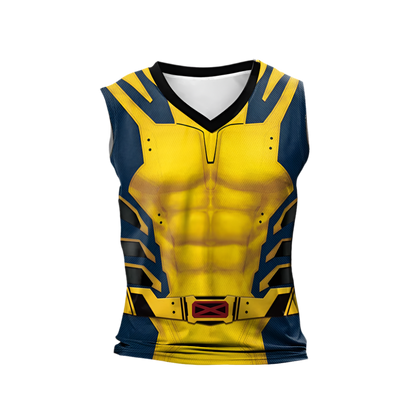 Superhero Tank Top: A sleeveless tank top featuring a split design with superhero-themed graphics in yellow, blue, red, and black, complete with a utility belt motif at the waist.