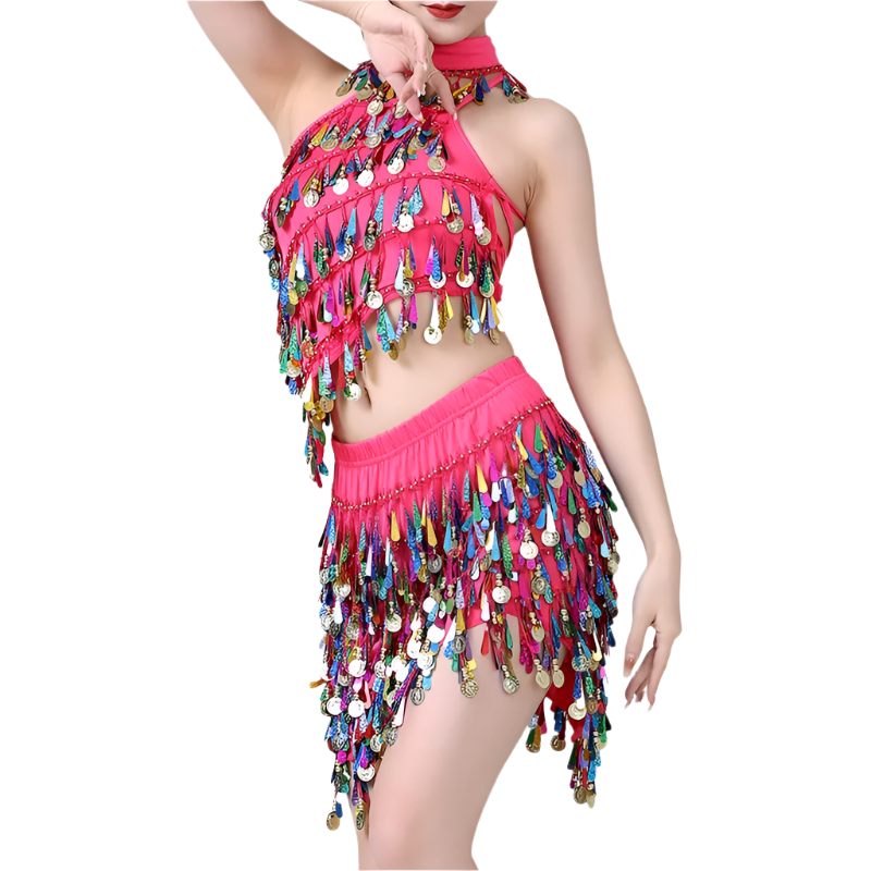  sequin coin tassel Latin dance set with fringe top and skirt for professional resort performances