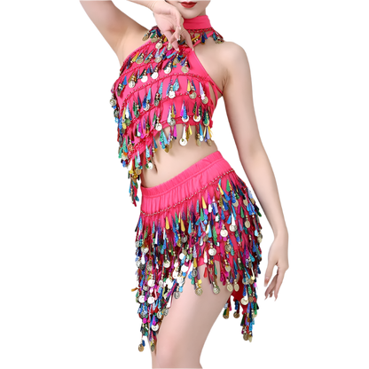  sequin coin tassel Latin dance set with fringe top and skirt for professional resort performances