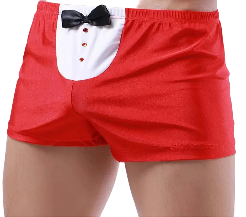 Red boxer briefs with a white tuxedo-style front panel, black bow tie, and red buttons, shown on a cropped male model against a white studio background.