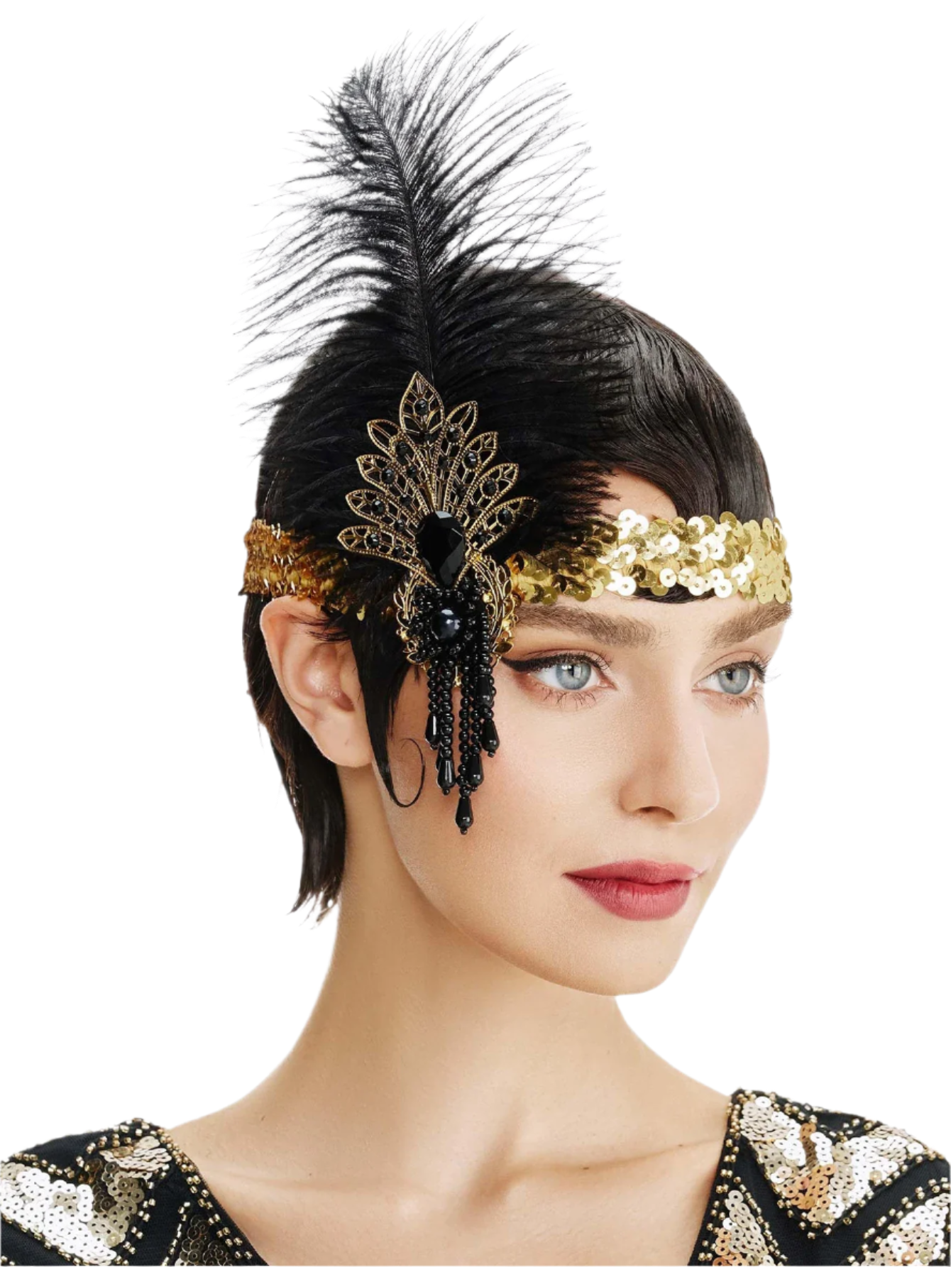 Gold rhinestone and feather headband with 1920s Gatsby design for luxury resort theme nights

