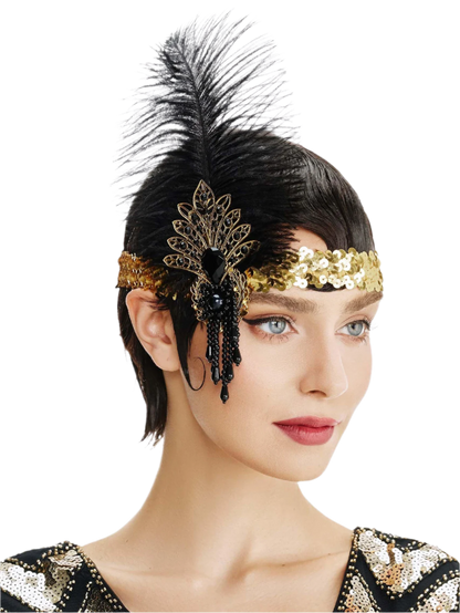 Gold rhinestone and feather headband with 1920s Gatsby design for luxury resort theme nights

